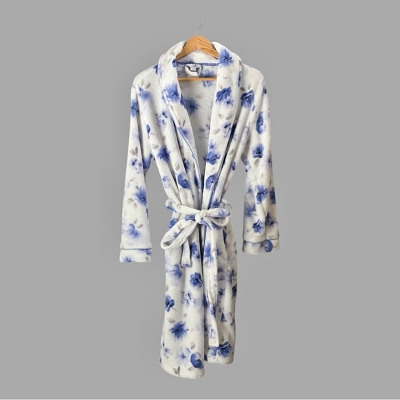 Fleece House Coat, Blue/White, Floral, Sz L, Knee Length, NWOT - Picture 1 of 5